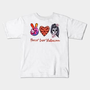 Peace Love Halloween Flower Skull Women Funny Horror Kids T-Shirt